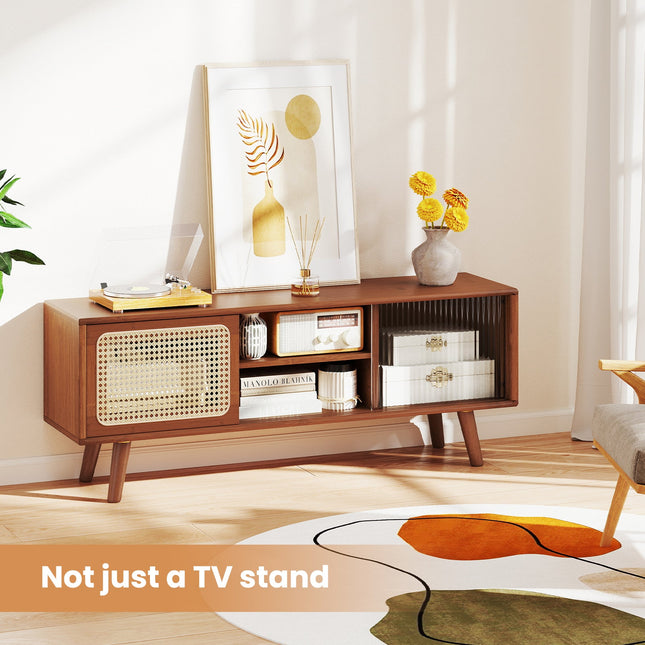 Modern TV Stand with Rattan Glass Sliding Doors