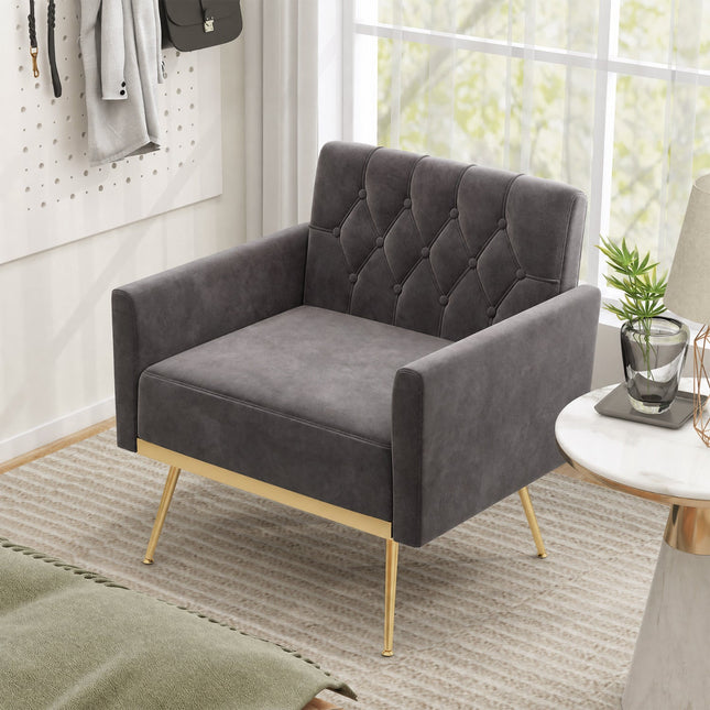 Modern Velvet Upholstered Accent Chair with Button-Tufted Back and Adjustable Feet