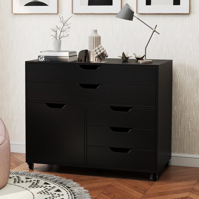 Modern Vertical 5-Drawer Mobile Chest with Door 5 Casters