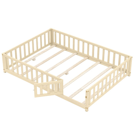 Montessori Bed Frame with Full-length Guardrails Safety Door and Latch