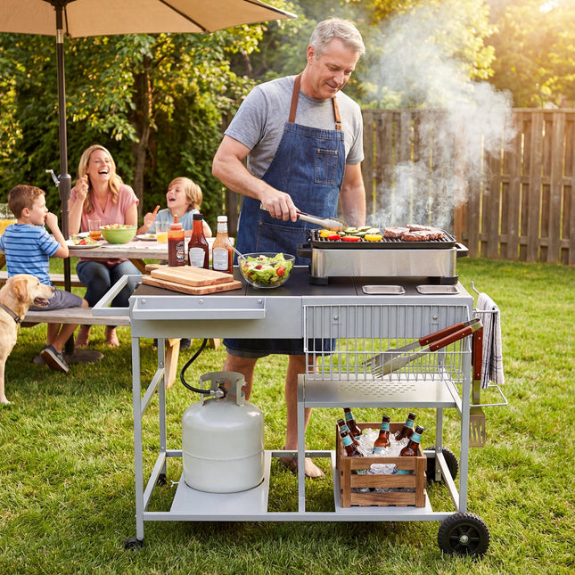Movable Grill Table with 2 Spice Containers and Station for Backyard and BBQ