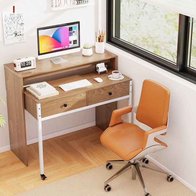 Extendable Computer Desk with Pull Out Secondary Desk-Natural