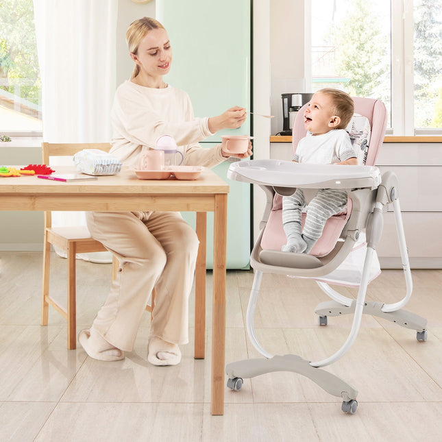 Multifunctional Folding Baby High Chair with Rolling Wheels and Adjustable Height