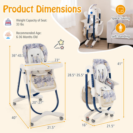 Multifunctional Folding Baby High Chair with Rolling Wheels and Adjustable Height