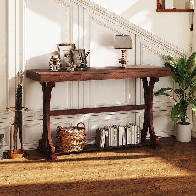 Narrow Console Table Vintage 52 Inch Long with Open Storage Shelf