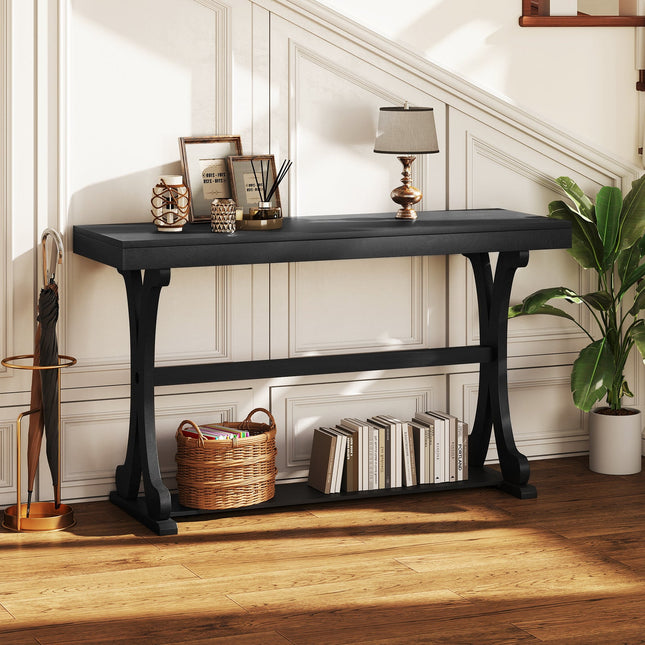 Narrow Console Table Vintage 52 Inch Long with Open Storage Shelf