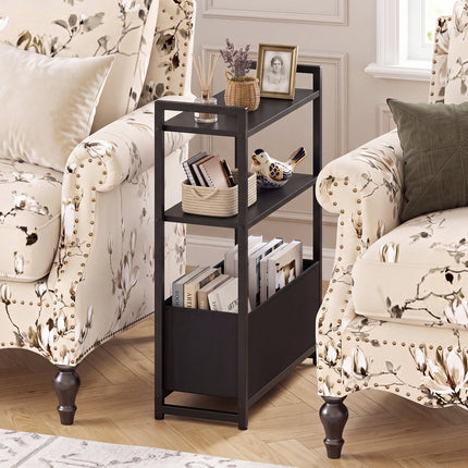 Narrow End Table with Storage Shelves and Metal Frame