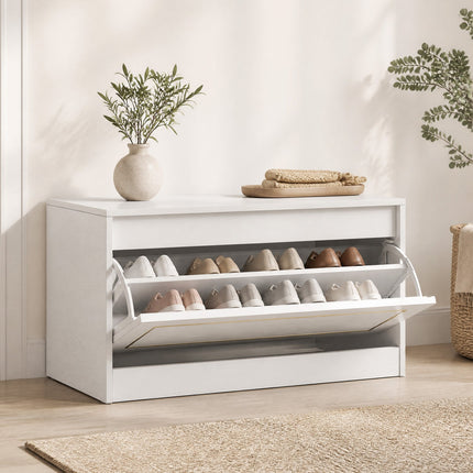 Narrow Shoe Cabinet with Flip Drawer and Adjustable Shelf