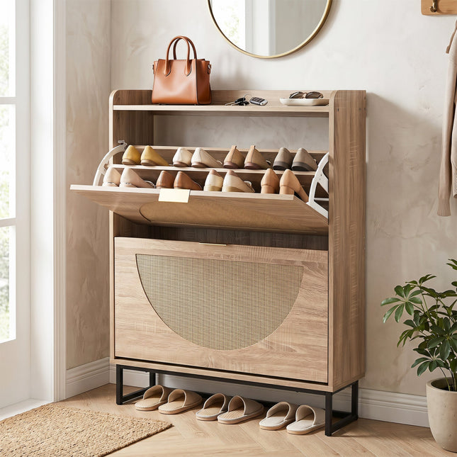 Narrow Shoe Storage Cabinet with Flip Drawers & Shelves