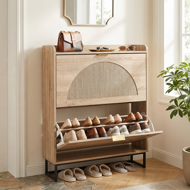 Narrow Shoe Storage Cabinet with Flip Drawers & Shelves