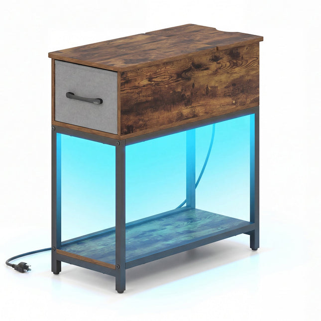 Narrow Side Table with Charging Station and LED Lights Industrial End Table-Brown