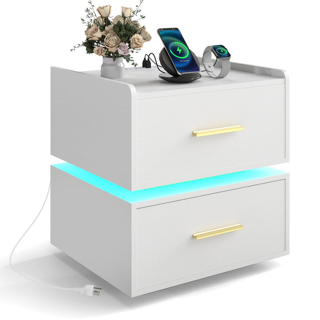 Nightstand with Charging Station LED Bedside Table with 2 Storage Drawers