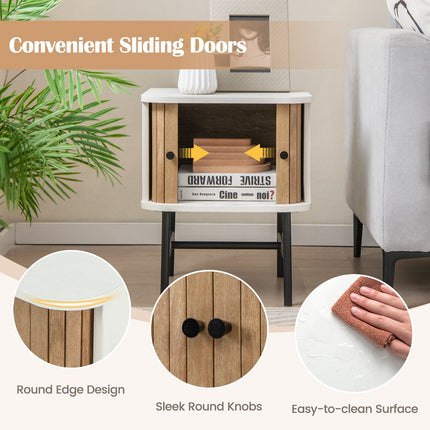 Mid-century Modern Nightstand with Sliding Doors and Storage Cabinet