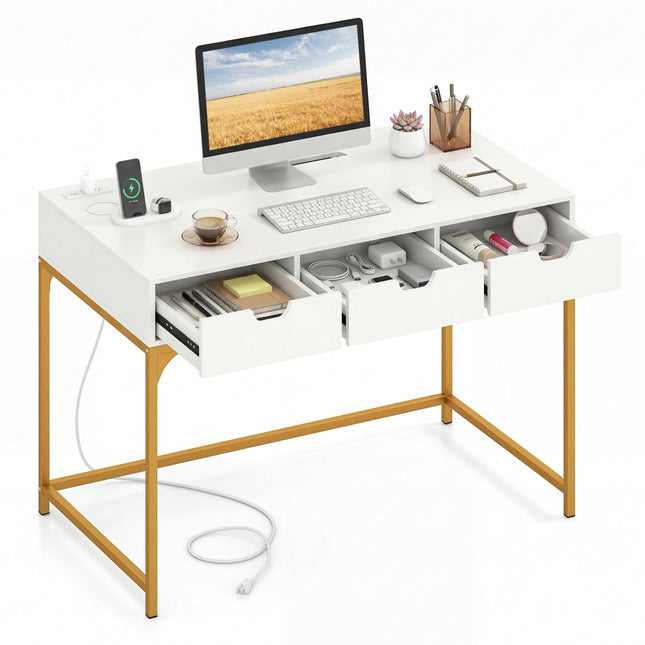 Office Desk with Power Outlets and Hidden Compartment for Study