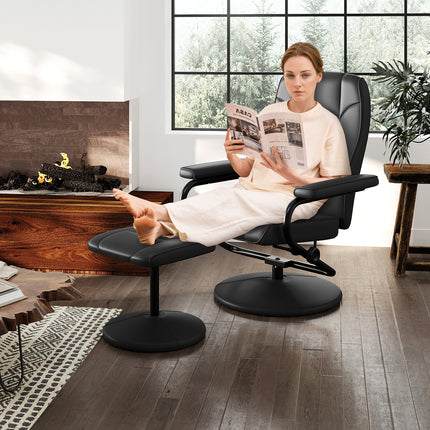 Swivel Recliner Chair with Ottoman in Black PU Leather