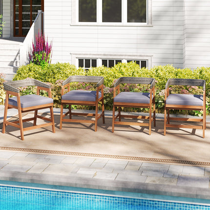 Outdoor Acacia Wood Patio Wicker Dining Chairs Set of 4 with Seat Cushion-Gray
