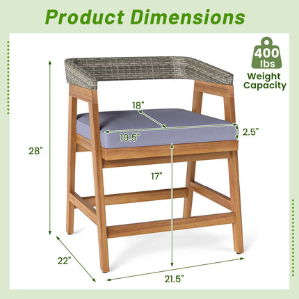 Outdoor Acacia Wood Patio Wicker Dining Chairs Set of 4 with Seat Cushion-Gray