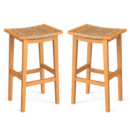 Outdoor Acacia Wood Bar Stools Set of 2 with PE Rattan Seats and Backrests