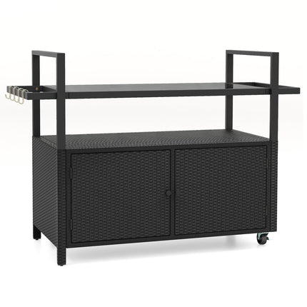 Outdoor Bar Cart Wicker Buffet Serving Cart with Cabinet and 8 Hooks