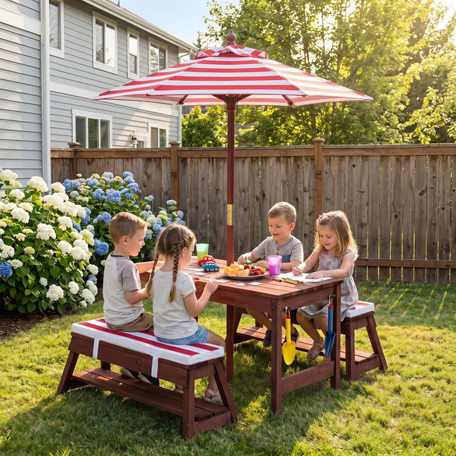Kids Wooden Picnic Table Set with Umbrella and Sand Boxes