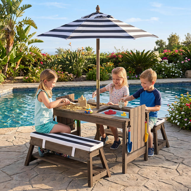Kids Wooden Picnic Table Set with Umbrella and Sand Boxes