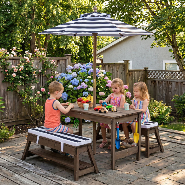 Kids Wooden Picnic Table Set with Umbrella and Sand Boxes
