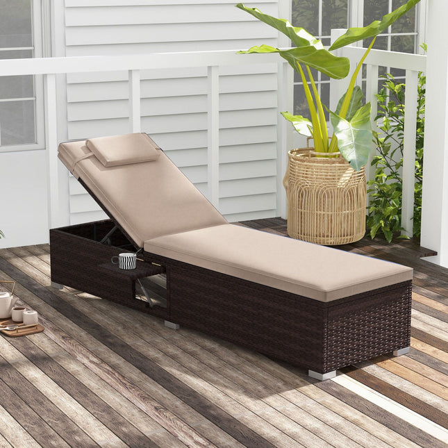 Outdoor PE Rattan Chaise Lounge with 6-Position Adjustable Backrest and Foldable Side Table