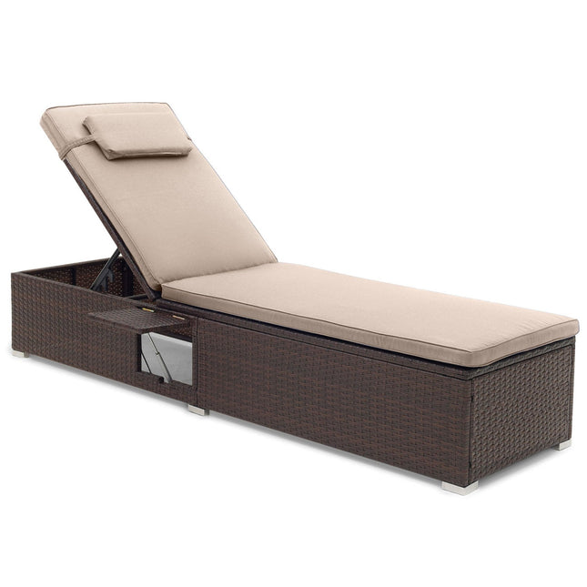 Outdoor PE Rattan Chaise Lounge with 6-Position Adjustable Backrest and Foldable Side Table