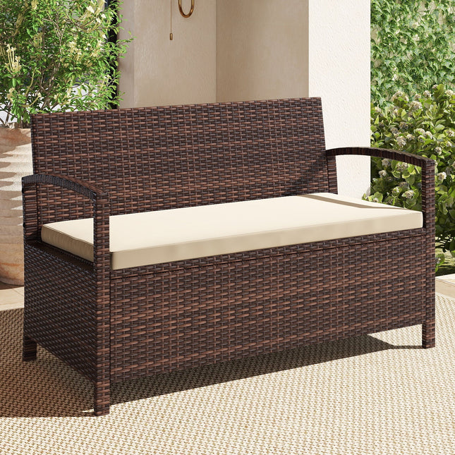 Outdoor PE Wicker Storage Bench 2 Seater with Cushion and 42 Gallon Deck Box-Beige