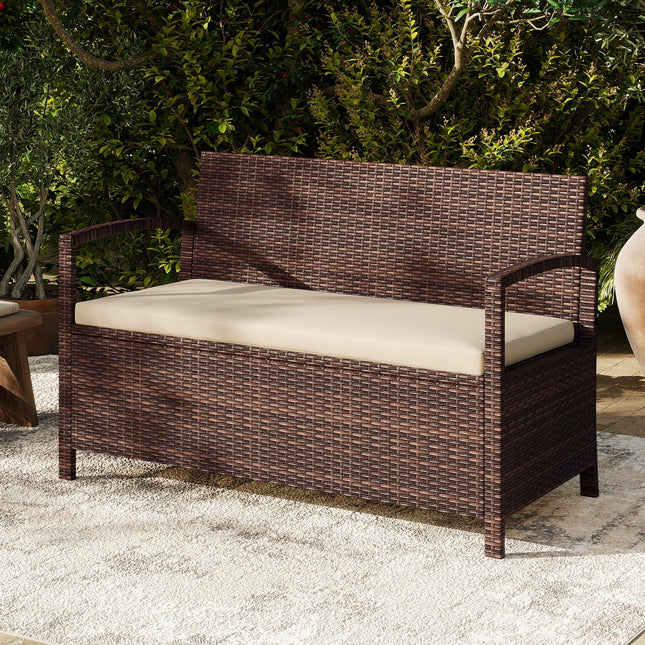 Outdoor PE Wicker Storage Bench 2 Seater with Cushion and 42 Gallon Deck Box-Beige