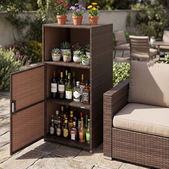 PE Wicker Storage Cabinet with Door and Open Shelf