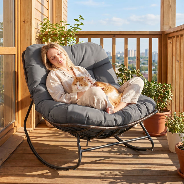 Papasan Rocking Chair with Thick Cushion - Outdoor Wicker