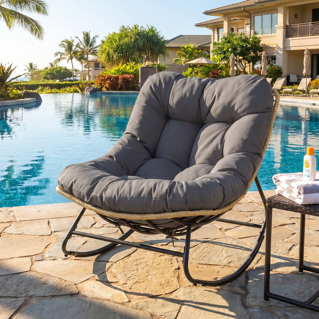Papasan Rocking Chair with Cushioned Seat for Patio - Gray