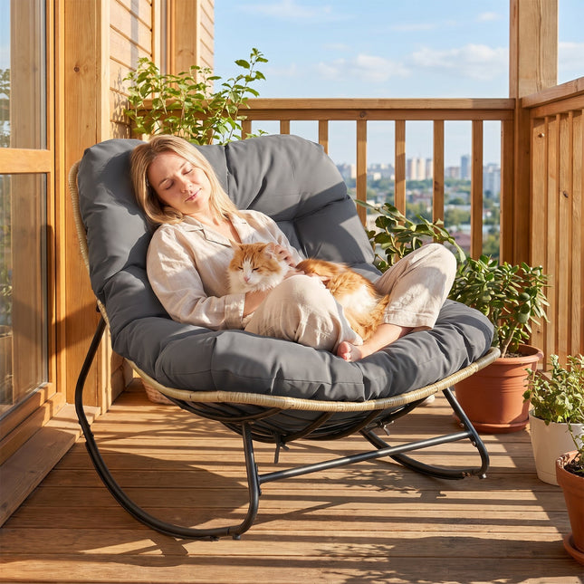 Papasan Rocking Chair with Cushioned Seat for Patio - Gray