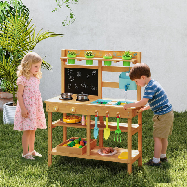 Outdoor Play Pretend Kitchen with Faucet and Removable Sinks for Children Aged 3+