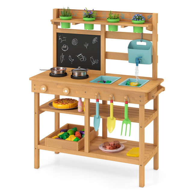 Outdoor Play Pretend Kitchen with Faucet and Removable Sinks for Children Aged 3+