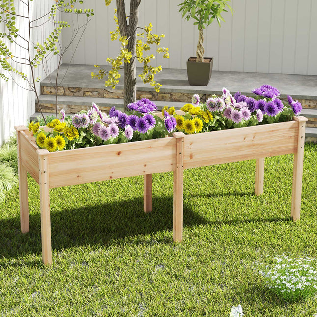 Fir Wood Outdoor Raised Garden Bed with Divider Panel and Drainage Holes