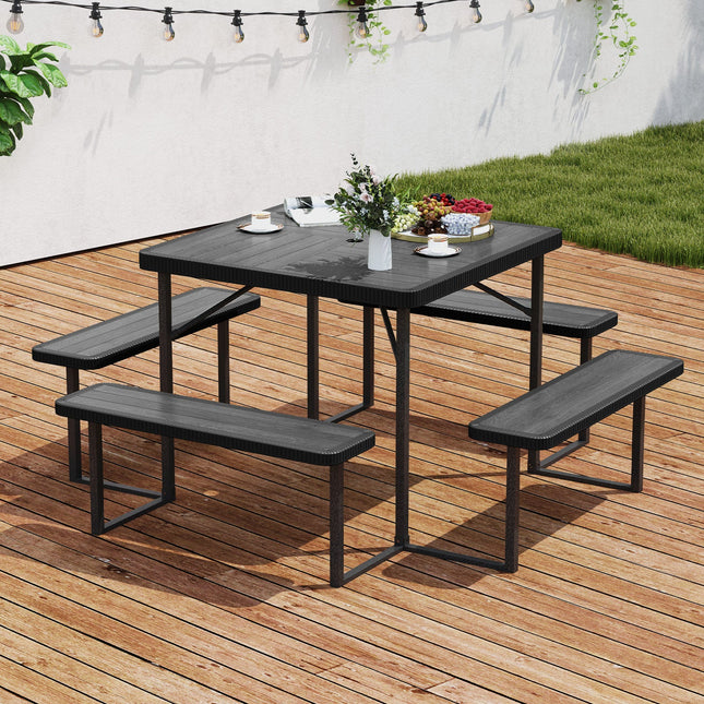 Outdoor Square Picnic Table Bench Set for 4-8 People with Umbrella Hole