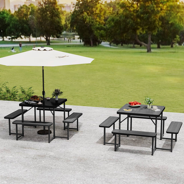 Outdoor Square Picnic Table Bench Set for 4-8 People with Umbrella Hole