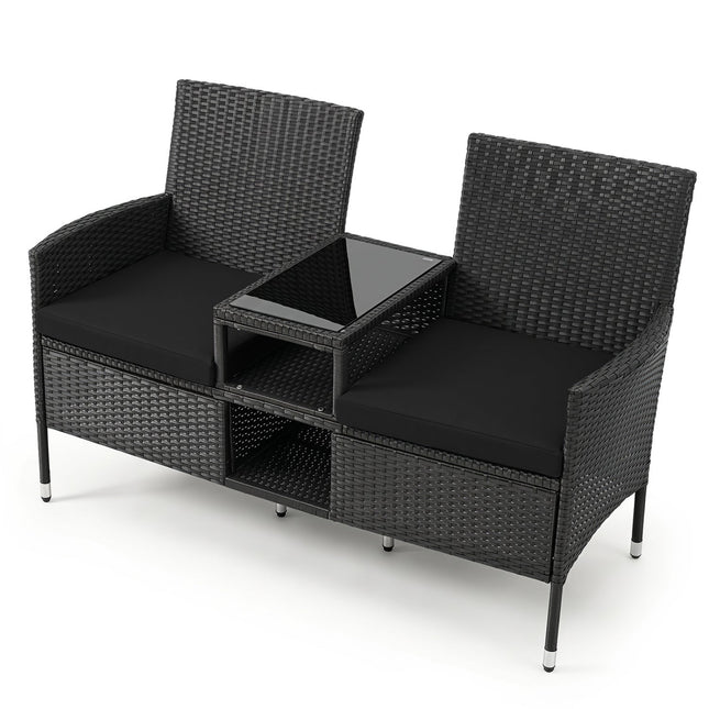 Outdoor Wicker Loveseat with Built-in Glass Side Table