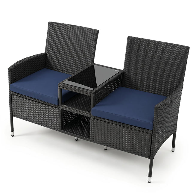 Outdoor Wicker Loveseat with Built-in Glass Side Table