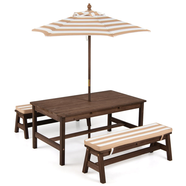 Outdoor Wooden Kids Picnic Table with Removable Umbrella and Cushions