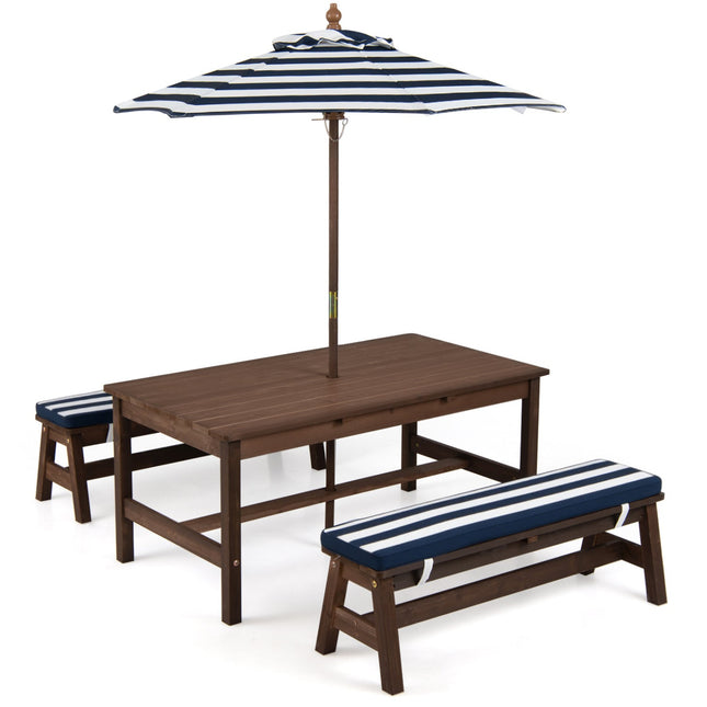 Outdoor Wooden Kids Picnic Table with Removable Umbrella and Cushions