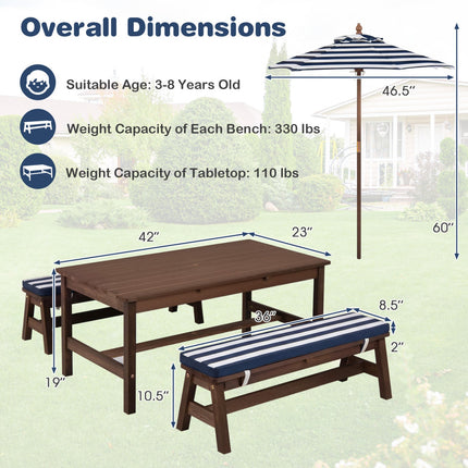 Outdoor Wooden Kids Picnic Table with Removable Umbrella and Cushions