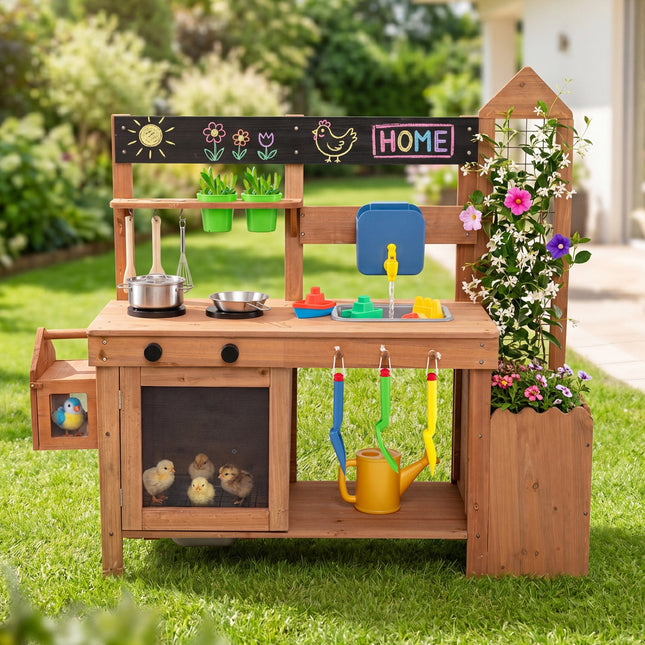 Outdoor Wooden Mud Kitchen with Planter Box and Sink