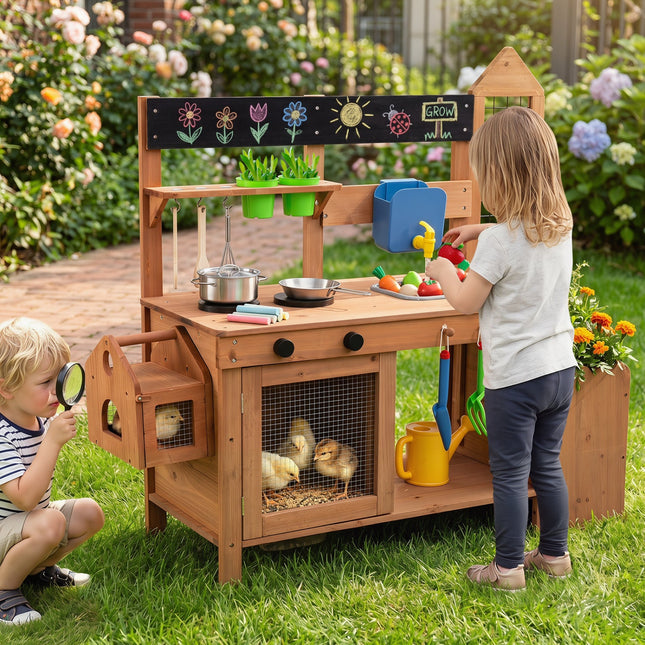 Outdoor Wooden Mud Kitchen with Planter Box and Sink