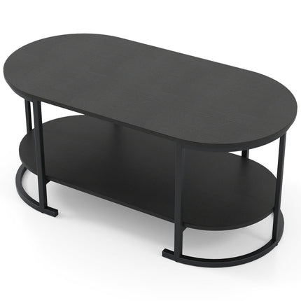 Oval Coffee Table 2-Tier Wooden Accent Table with Spacious Tabletop and Open Storage Shelf