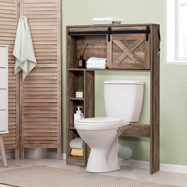 4-Tier Over The Toilet Storage Cabinet with Sliding Barn Door and Storage Shelves