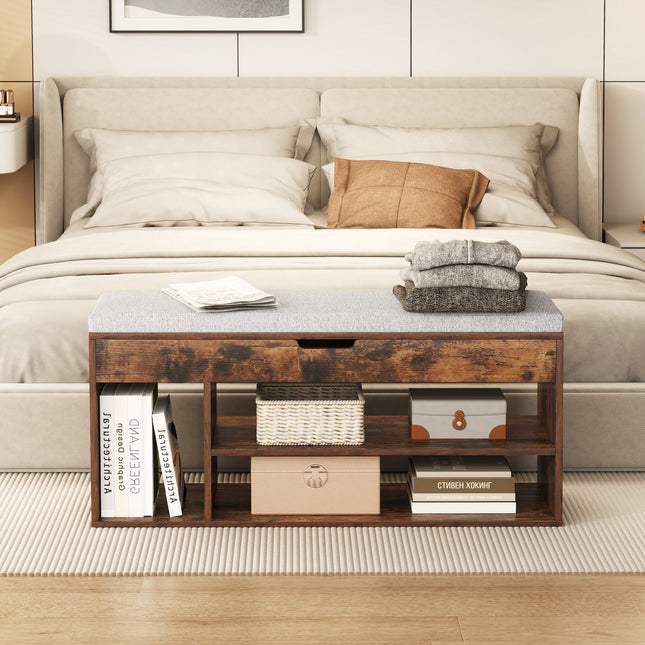 Padded Seat Shoe Bench with Hidden Storage and 3 Open Shelves