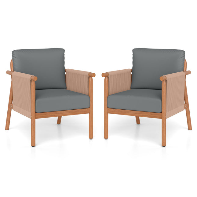 Patio Acacia Wood Chair Set of 2 with Woven Rope Armrests and Seat Back Cushions for Backyard